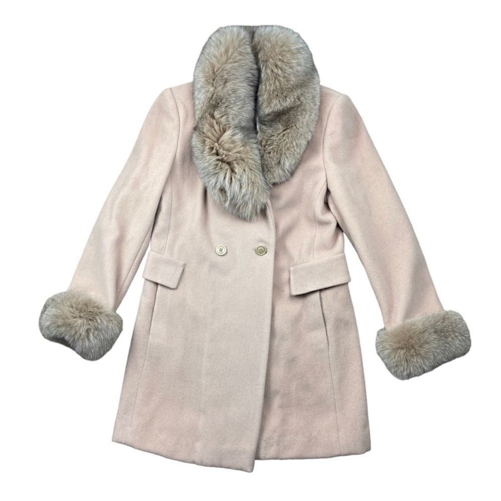 Vintage Marvin Richards Lambswool Peacoat w/ Fox Fur Trim Cream Tan Luxury Coat